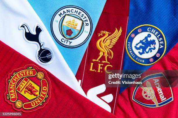 The so-called 'top six' Premier League club crests, Liverpool, Manchester City, Manchester United, Chelsea, Tottenham Hotspur and Arsenal on their...