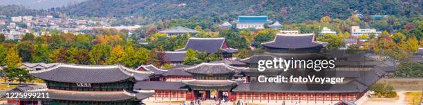 seoul aerial panorama over gyeongbokgung palace to blue house korea - gyeongbokgung palace stock pictures, royalty-free photos & images