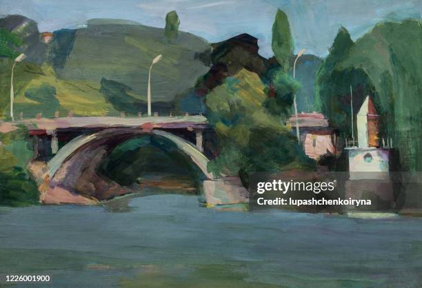 fashionable summer illustration allegory sustainability modern work of art impressionism oil painting  horizontal symbolic landscape in retro style stone bridge over the river mountain slopes with green grass and trees against the blue sky and the river - mountain oil painting stock illustrations