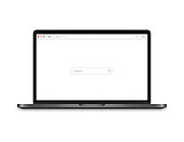 Laptop with browser on screen. Computer icon with search bar and magnifier. Notebook mockup with web interface. Desktop template with blank web site. Simple design of browser in laptop. Vector EPS 10.