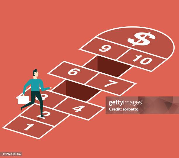 stockillustraties, clipart, cartoons en iconen met hopscotch spel - zakenman - pitfall