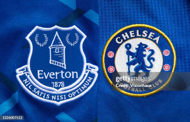 The Everton and Chelsea club crests on their first team home shirts on May 14, 2020 in Manchester, England.