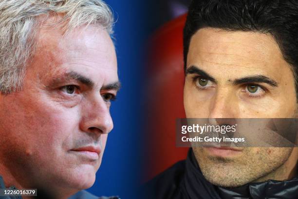 In this composite image a comparison has been made between Jose Mourinho, head coach of Tottenham Hotspur and Mikel Arteta, Manager of Arsenal....