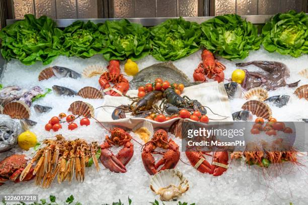 crustaceans on the fishmonger's counter - crab seafood stockfoto's en -beelden