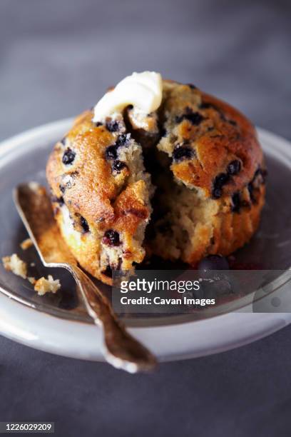 blueberry muffin with butter up close - muffin stock pictures, royalty-free photos & images