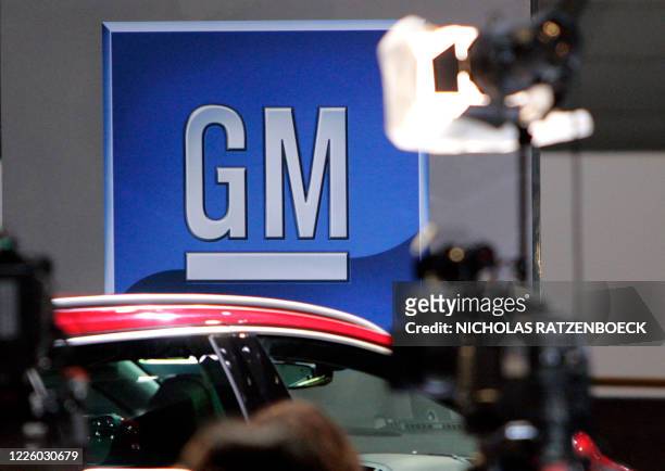 The logo of American carmaker General Motors is seen three days before the opening of the Geneva Motor Show, on March 2, 2009 in Geneva. The auto...