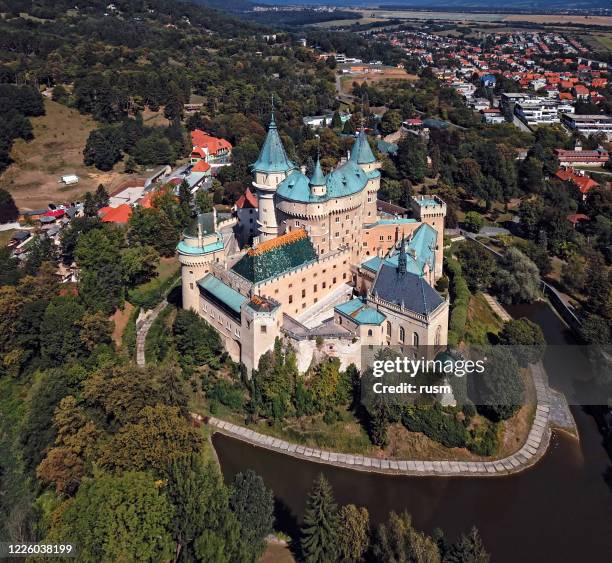 bojnice castle aerial, slovakia - bojnice castle stock pictures, royalty-free photos & images