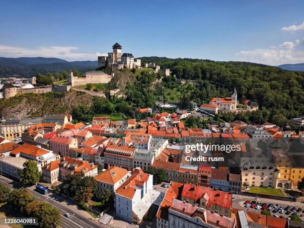 aerial panorama of old town trencin, slovakia - slovakia stock pictures, royalty-free photos & images
