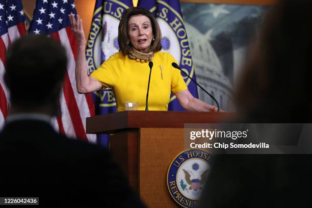 Speaker of the House Nancy Pelosi holds her weekly news conference at the U.S. Capitol May 20, 2020 in Washington, DC. In addition to defending her...