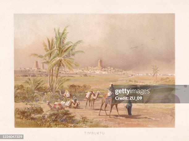 historische ansicht von timbuktu in mali, chromolithograph, veröffentlicht 1891 - timbuktu mali stock-grafiken, -clipart, -cartoons und -symbole