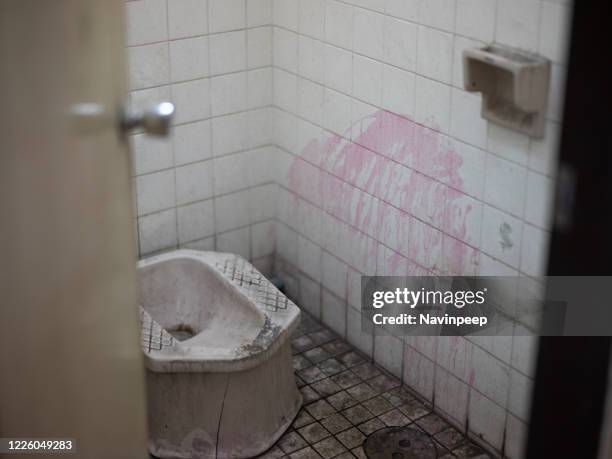 old pit toilet with dirty walls and floor - pit latrine stock pictures, royalty-free photos & images