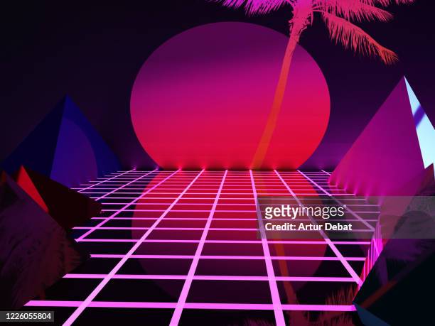 futuristic 3d render retro style with geometries, neon colors and big dusk sun. - música latinoamericana fotografías e imágenes de stock