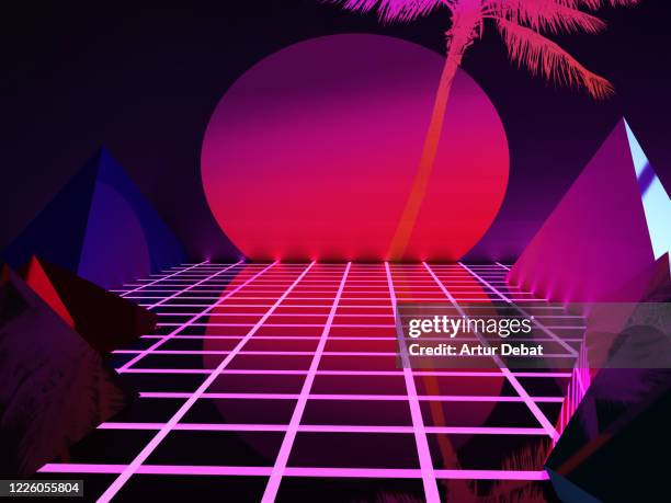 futuristic 3d render retro style with geometries, neon colors and big dusk sun. - old florida nightclub stock pictures, royalty-free photos & images