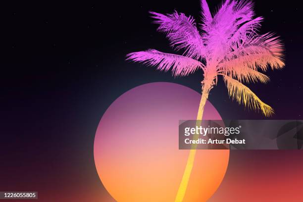 retro style background of miami with palm tree and big dusk sun. - movie still stock-fotos und bilder