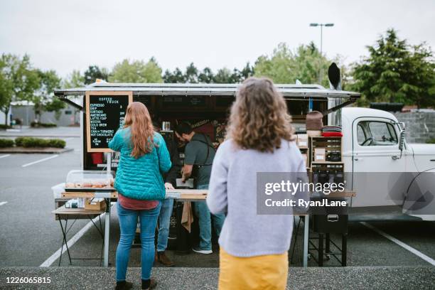 customers wait to order at mobile coffee food truck - seattle coffee stock pictures, royalty-free photos & images