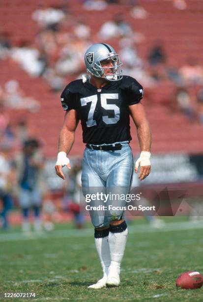 Howie Long of the Los Angeles Raiders looks on during an NFL football game circa 1993 at the Los Angeles Memorial Coliseum in Los Angeles,...