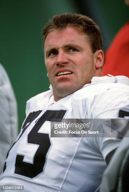 Howie Long of the Los Angeles Raiders looks on from the sidelines during an NFL football game circa 1989. Long played for the Raiders from 1981-93.