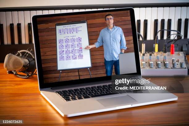 music e-learning teleconference teacher in laptop computer screen on wood table - epidemic sound stock pictures, royalty-free photos & images