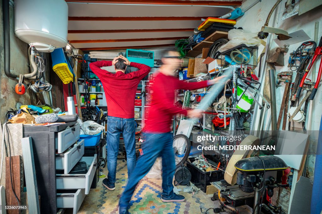 Two moments in the messy garage first amazed by chaos second begin to act and put order
