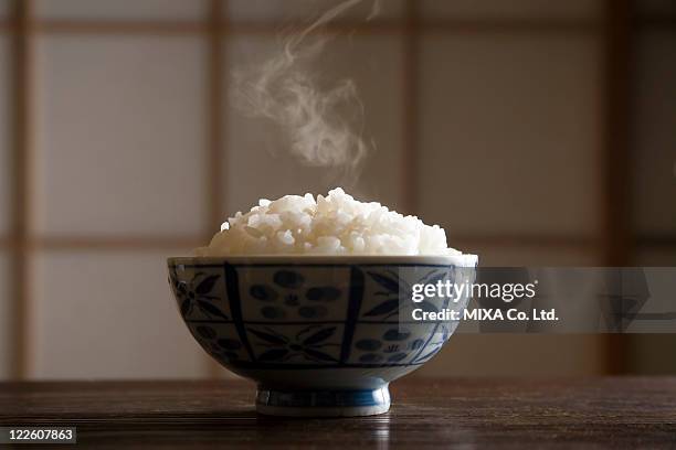 steamed rice in rice bowl - rice bowl stockfoto's en -beelden