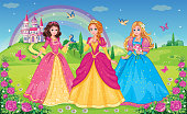 Set  beautiful elf princesses. Children's background with castle, rainbow and fabulous flower meadow. Wallpaper for girl. Wonderland. Cartoon illustration. Postcard for friends or family. Vectot.