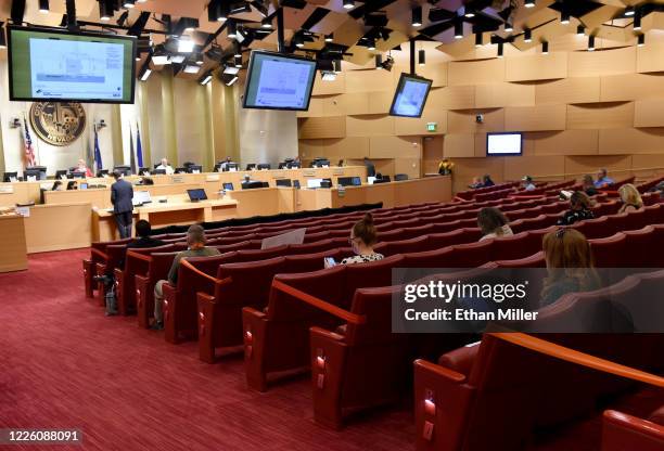 Every other row of seats is blocked off for social distancing measures during a Las Vegas City Council meeting held amid the coronavirus pandemic at...