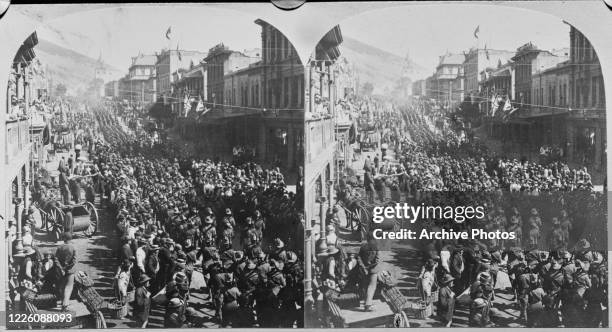 Colonial troops leave Cape Town in South Africa for the front, during the Second Boer War , circa 1900.