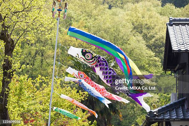 carp shaped streamer - koinobori stock pictures, royalty-free photos & images