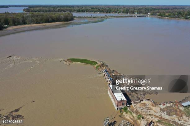 Aerial view of the dam that the Tittabawassee River breached on May 20, 2020 in Sanford, Michigan. Thousands of residents have been ordered to...