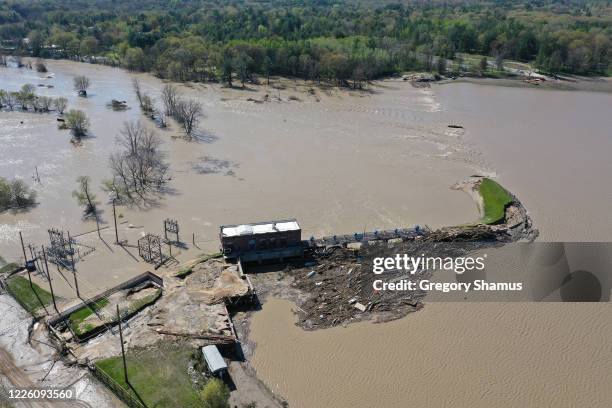 Aerial view of the dam that the Tittabawassee River breached on May 20, 2020 in Sanford, Michigan. Thousands of residents have been ordered to...