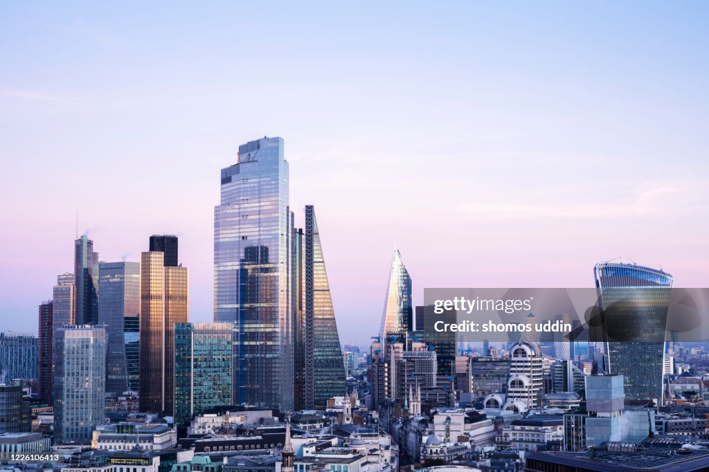 Elevated view of London city skyline