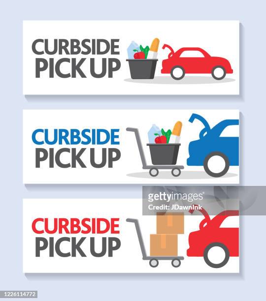 curbside pick up web-banner-vorlage set auto mit offenen lkw-lebensmittel oder karton in einem einkaufswagen - open sign stock-grafiken, -clipart, -cartoons und -symbole