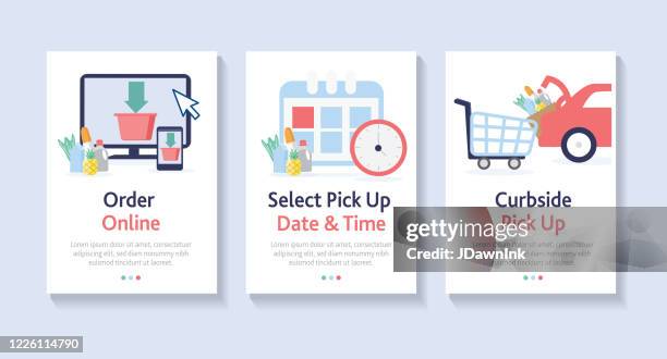 set of online ordering for curbside pick up web banner templates - picking up groceries stock illustrations