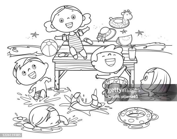 coloring book, kids jumping into sea - coloring stock illustrations