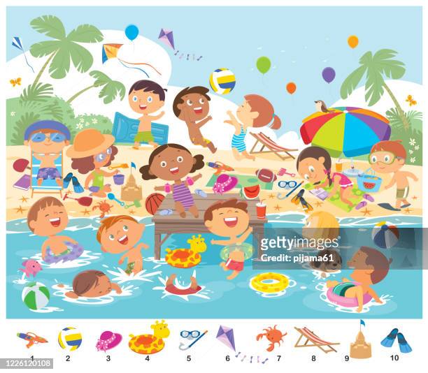 find 10 objects in the picture. puzzle hidden items. happy kids having fun on the beach - best friends kids stock illustrations