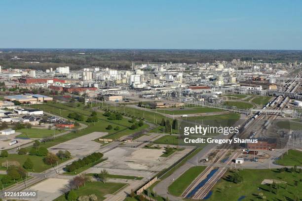 Aerial view of DOW Chemical Complex on May 20, 2020 in Midland, Michigan. Thousands of residents have been ordered to evacuate after two dams in...