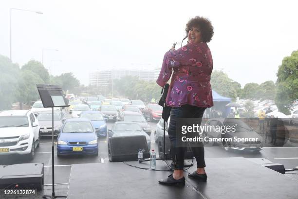 Casey Donovan performs on stage during a media call to showcase how a drive-in live entertainment venue will operate ahead of its opening in July in...