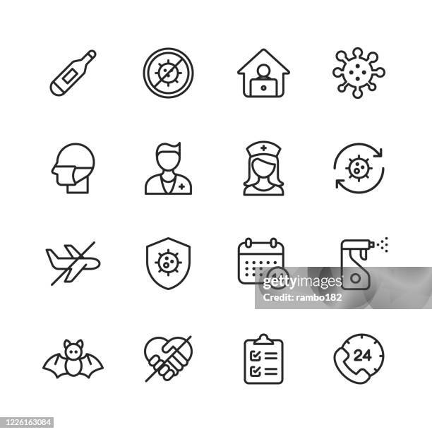 coronavirus line icons. editable stroke. pixel perfect. for mobile and web. contains such icons as thermometer, virus outbreak, remote work, virus, face mask, doctor, nurse, travel ban, herd immunity, quarantine, bat, social distancing, telemedicine. - travel ban stock illustrations