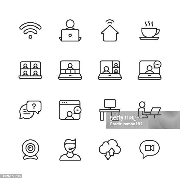 work from home, remote work line icons. editable stroke. pixel perfect. for mobile and web. contains such icons as wifi, coffee, video chat, video conference, business meeting, online messaging, video call, office desk, camera, support, cloud computing. - wireless technology stock illustrations