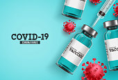 Coronavirus vaccine vector background. Covid-19 corona virus vaccination with vaccine bottle and syringe