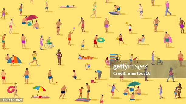 ilustraciones, imágenes clip art, dibujos animados e iconos de stock de social distancing at the beach - corona sun