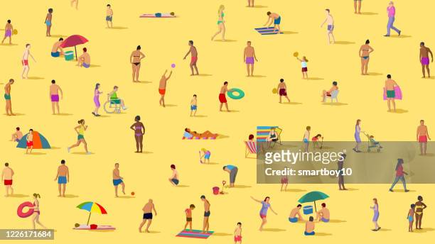 stockillustraties, clipart, cartoons en iconen met sociale distantiëring op het strand - corona sun