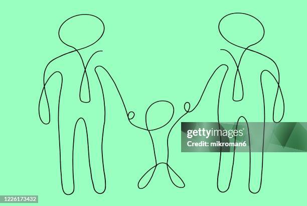 single line drawing of a homosexual family - build presents the family stock pictures, royalty-free photos & images