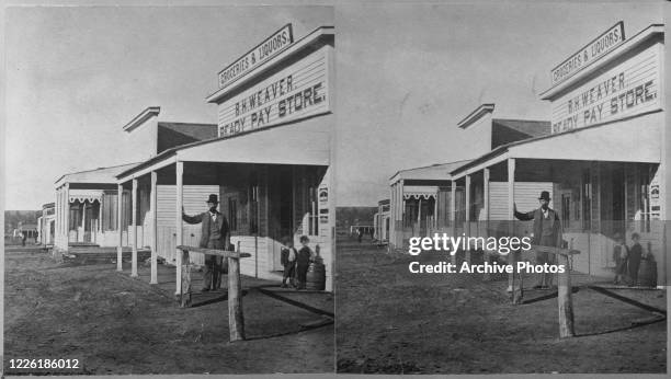 The B H Weaver Ready Pay Store selling groceries and liquors on Montezuma Street in Prescott, Arizona, USA, circa 1875.