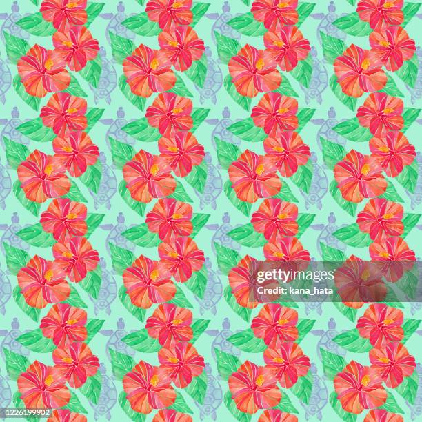 hibiscus and turtle seamless pattern - hawaiian culture stock pictures, royalty-free photos & images