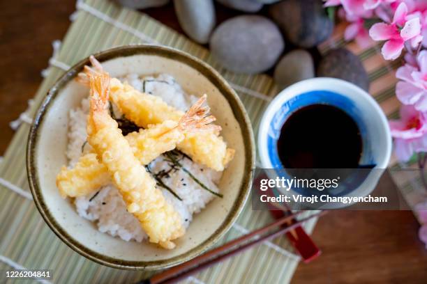 top view of japan rice with shrimp tempura topping at japanese fusion restaurant - 天ぷら ストックフォトと画像