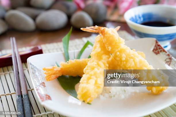 shrimp tempura on the japanese dish at japan fusion restaurant - tempura stock pictures, royalty-free photos & images