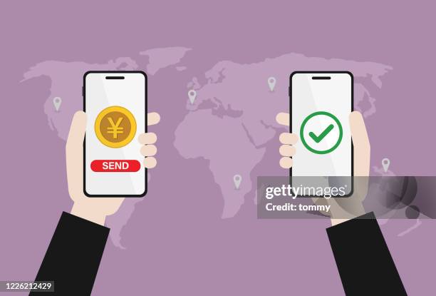 illustrazioni stock, clip art, cartoni animati e icone di tendenza di imprenditore trasferire una valuta giapponese per telefono cellulare - yuan symbol