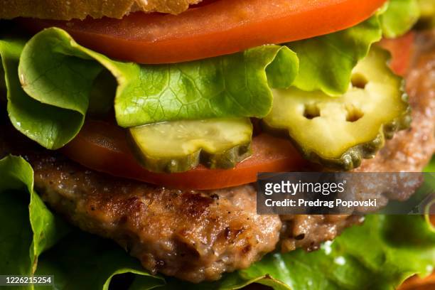 big , fat and tasty burger closeup - burger and chips fotografías e imágenes de stock