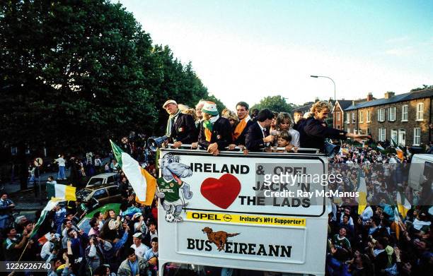 Dublin , Ireland - 1 July 1990; Members of the Republic of Ireland squad, including manager Jack Charlton, Frank Stapleton and John Byrne, are...
